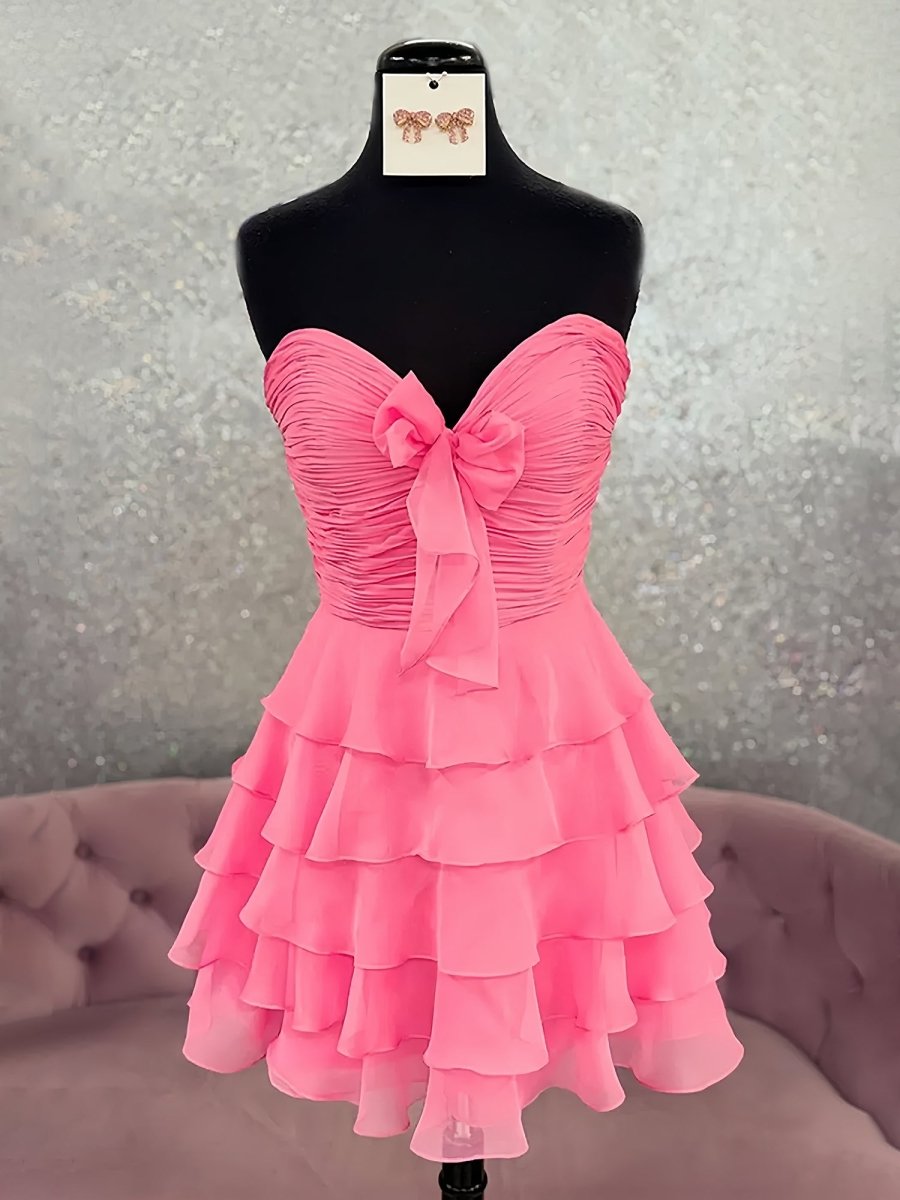 Orlaith | Pink - A Line Tulle Ruffles Sweetheart Short Homecoming Dresses with Bow