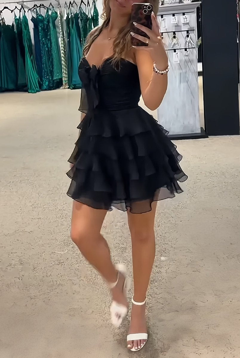 Orlaith | Black - A Line Tulle Ruffles Sweetheart Short Homecoming Dresses with Bow