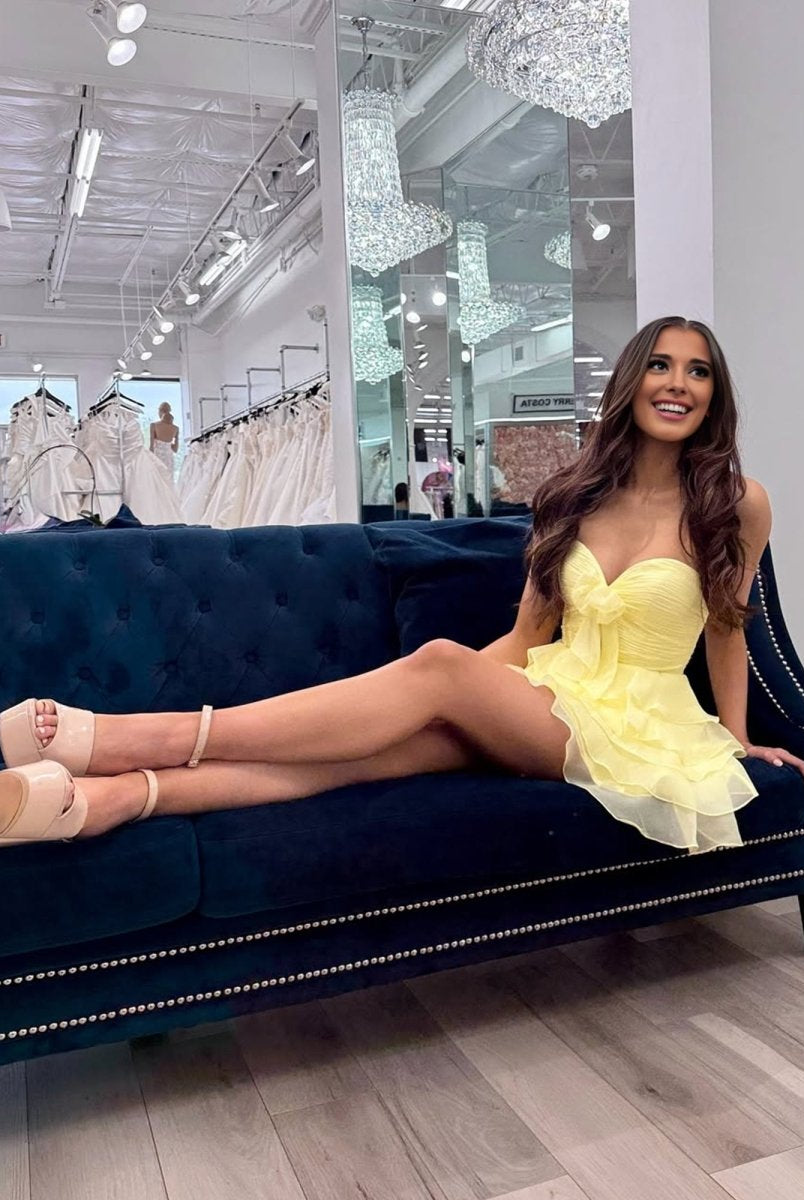 Orlaith | Yellow - A Line Chiffon Ruffles Sweetheart Short Homecoming Dresses with Bow