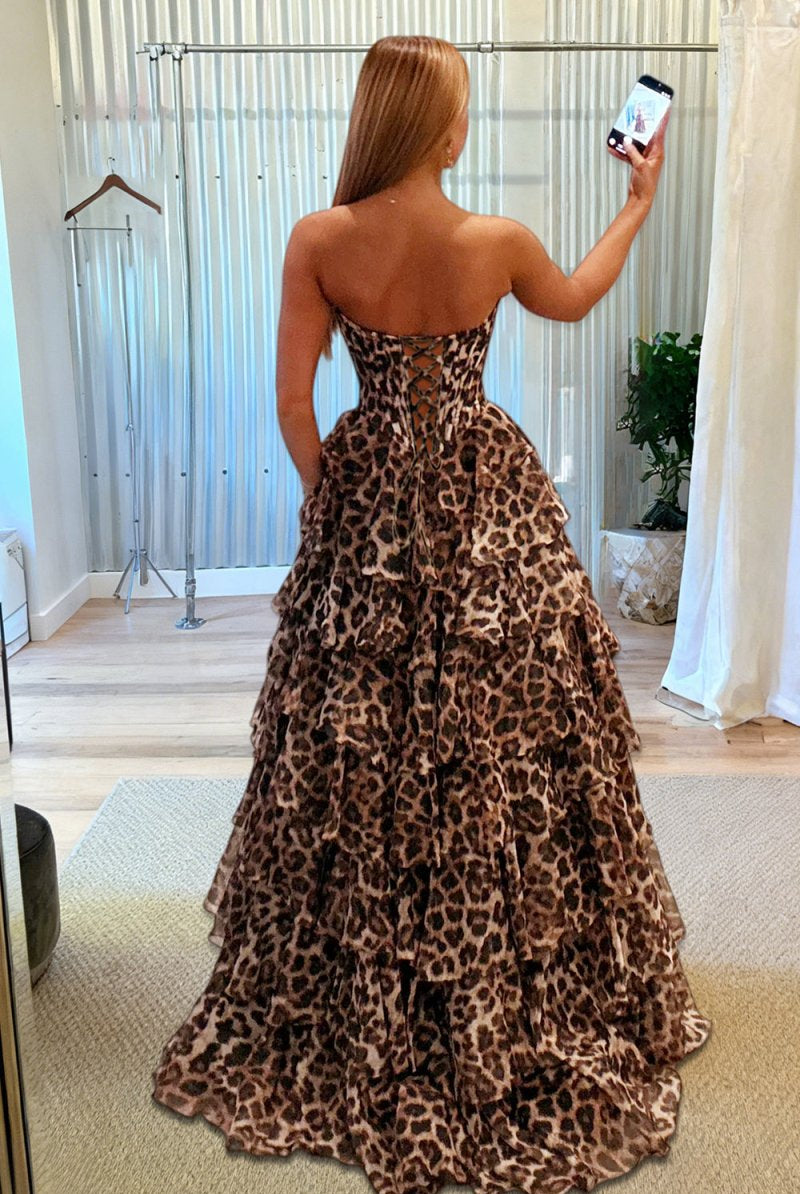 Orlisse | Leopard - Strapless A Line Chiffon Ruffled Long Prom Dresses With Appliques - KissProm