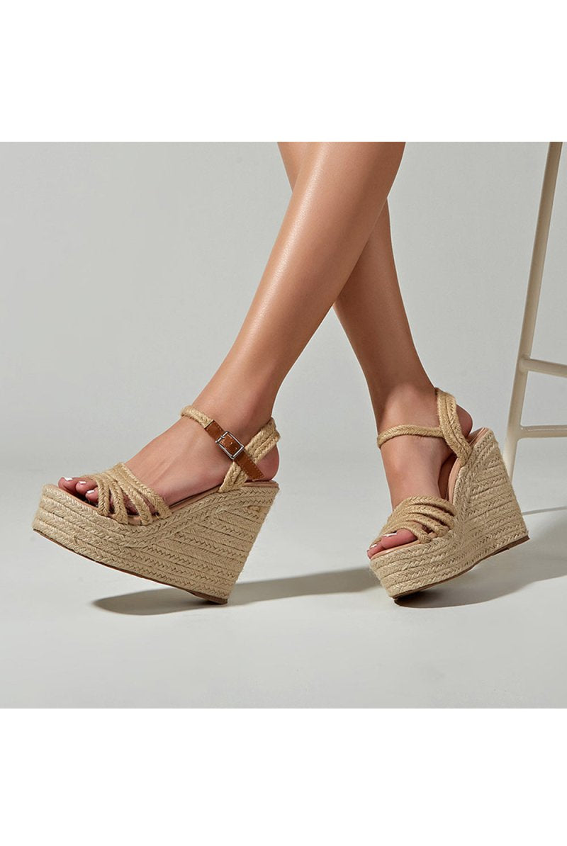 Outdoor Peep Toe Wedge Heel Shoes With Buckle Braided Strap - KissProm