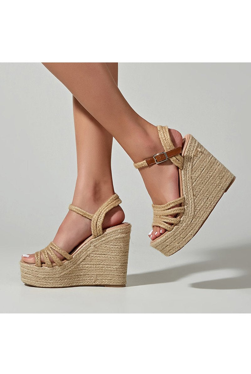 Outdoor Peep Toe Wedge Heel Shoes With Buckle Braided Strap - KissProm