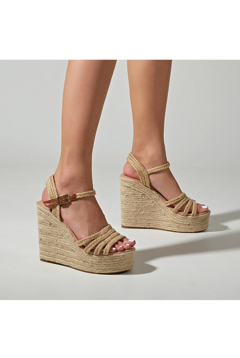Outdoor Peep Toe Wedge Heel Shoes With Buckle Braided Strap - KissProm