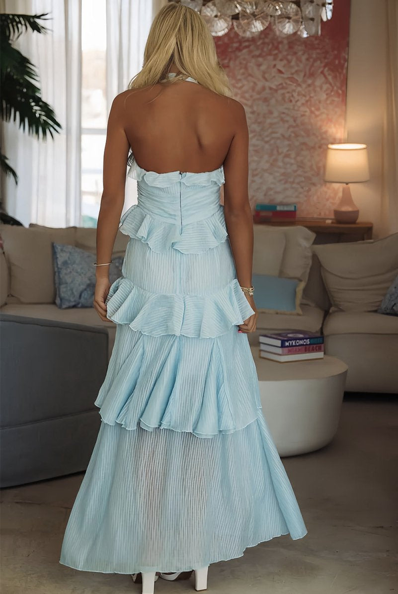 Ozen | Sky Blue - Halter Sheath Pleated Chiffon Long Prom Dresses With Ruffles - KissProm
