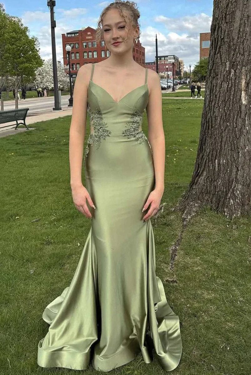 KissProm-Paislee Spaghetti Straps Sage Appliques Mermaid Prom Dress