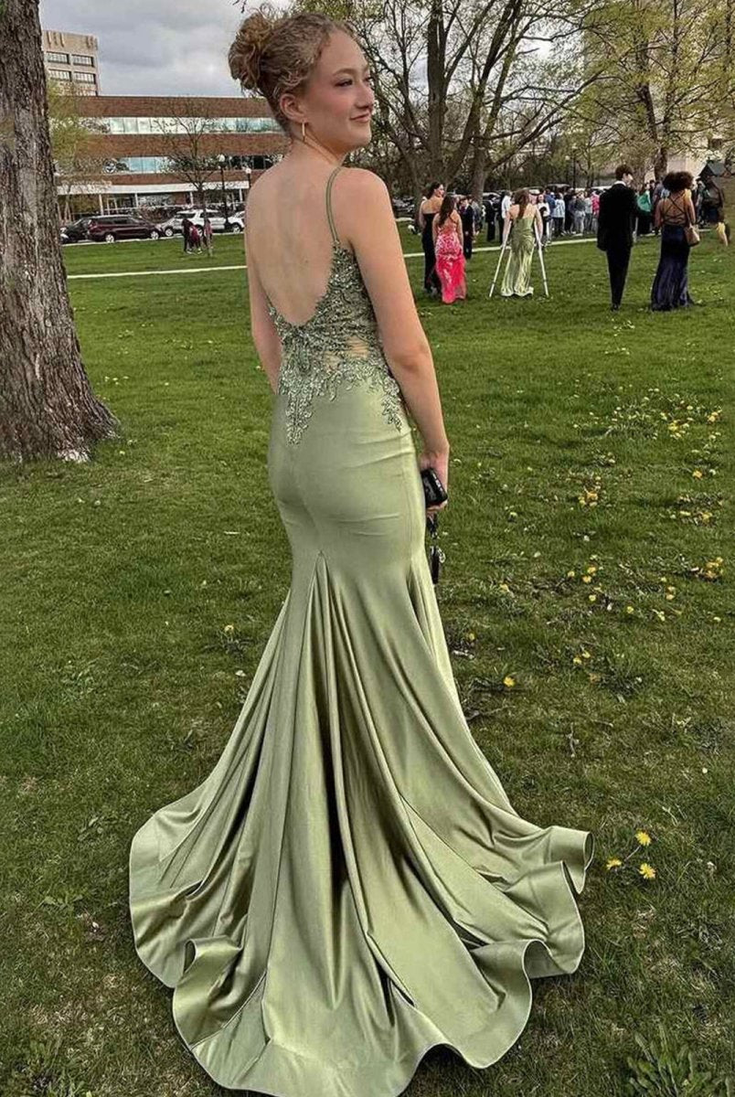 KissProm-Paislee Spaghetti Straps Sage Appliques Mermaid Prom Dress