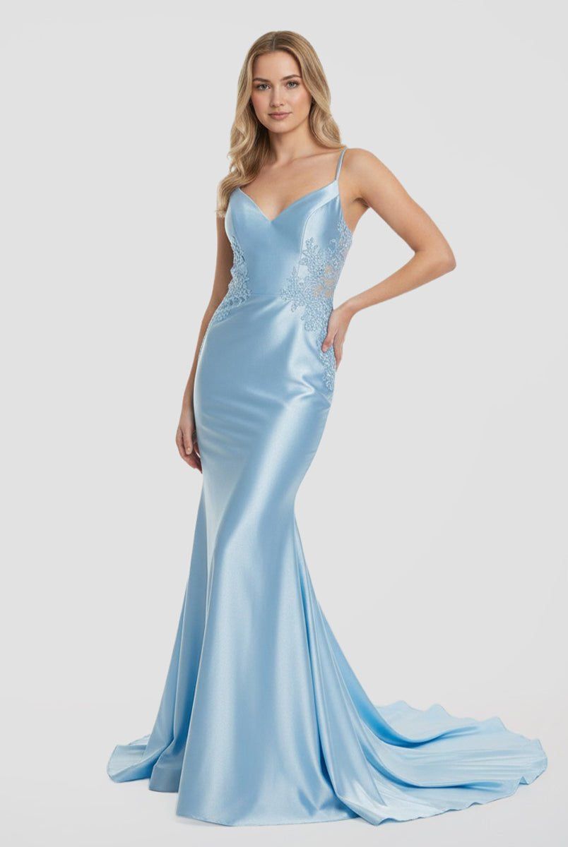 KissProm-Paislee Spaghetti Straps Light Blue Appliques Mermaid Prom Dress