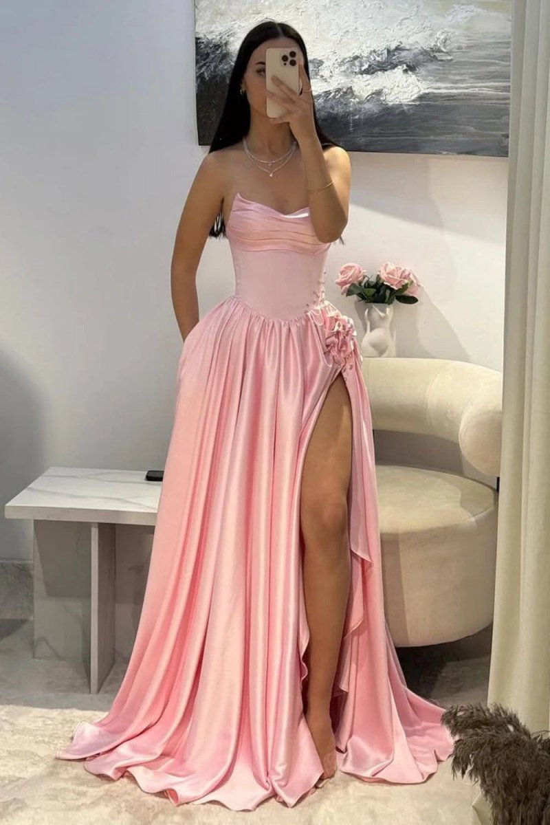 Fioren | Pink - Strapless Satin Beaded A Line Prom Dresses With Slit - KissProm