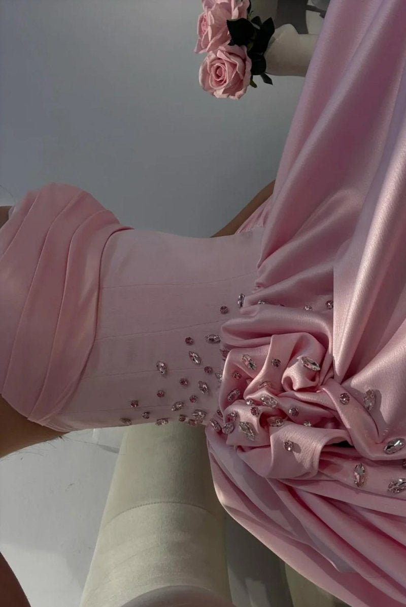Fioren | Pink - Strapless Satin Beaded A Line Prom Dresses With Slit - KissProm
