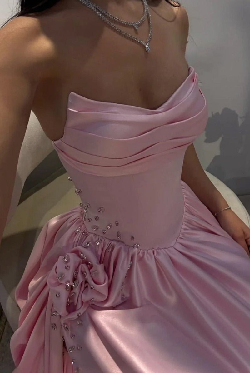 Fioren | Pink - Strapless Satin Beaded A Line Prom Dresses With Slit - KissProm