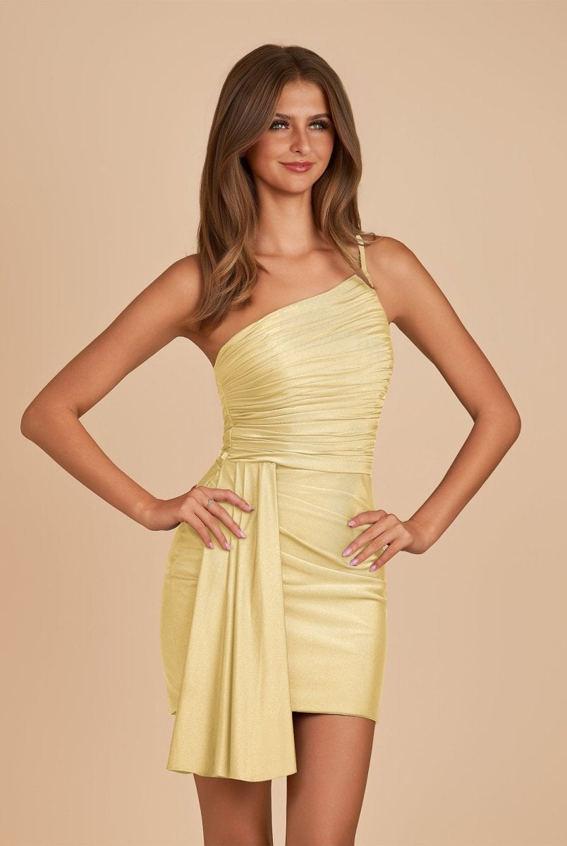 Pali | Yellow - Sheath One Shoulder Pleated Satin Homecoming Dress with Drape
