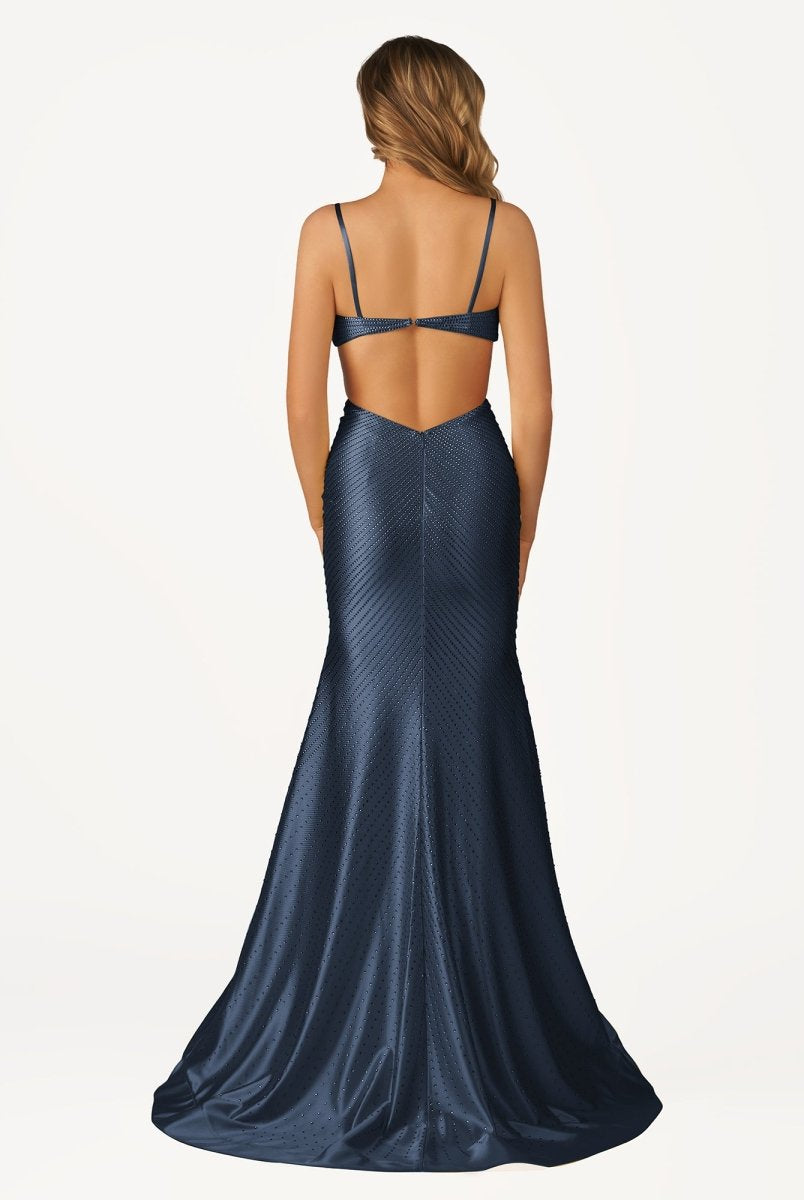 Palmyra | Mermaid V Neck Blue Satin Cut-out Waist Prom Dresses