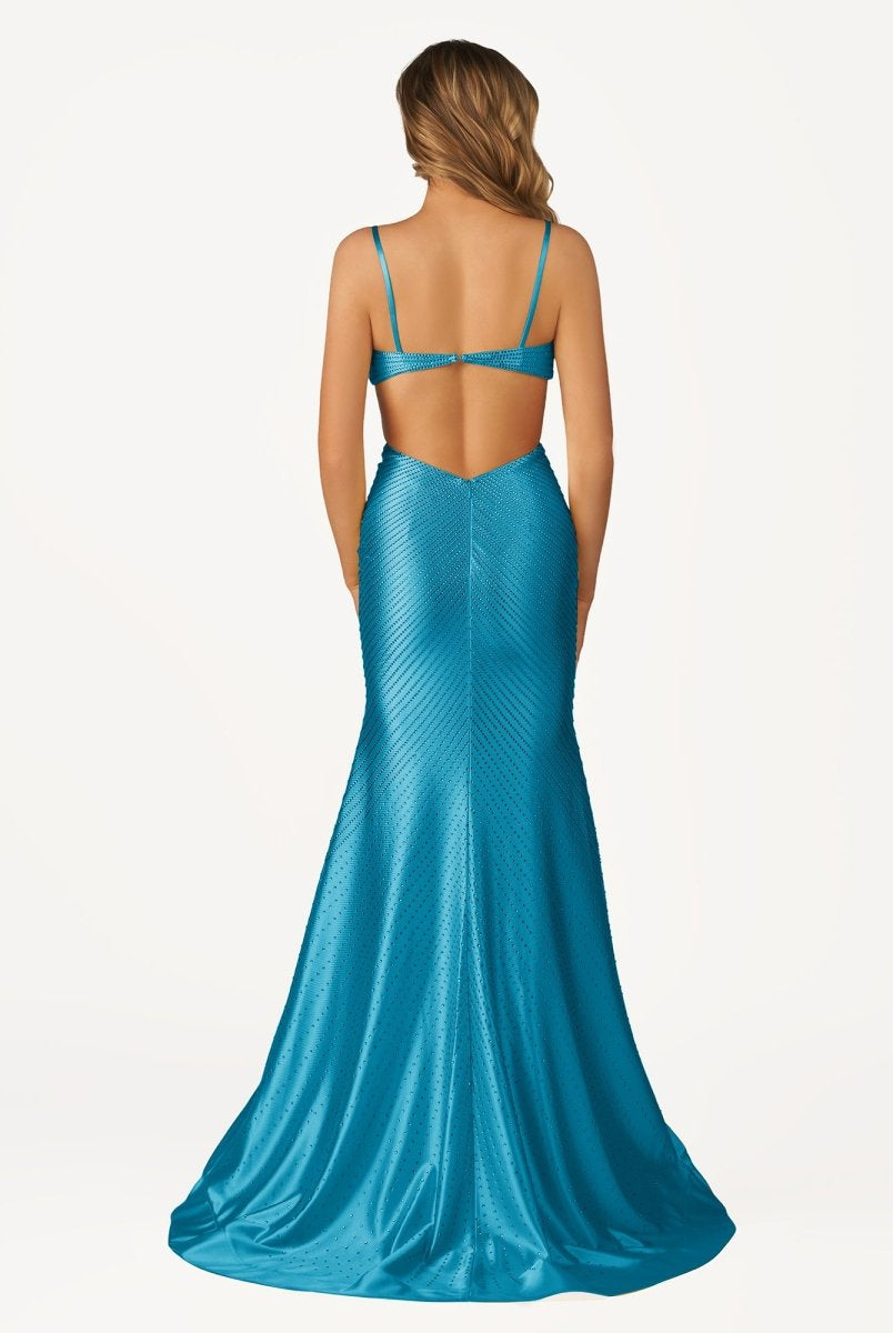 Palmyra | Mermaid V Neck Blue Satin Cut-out Waist Prom Dresses