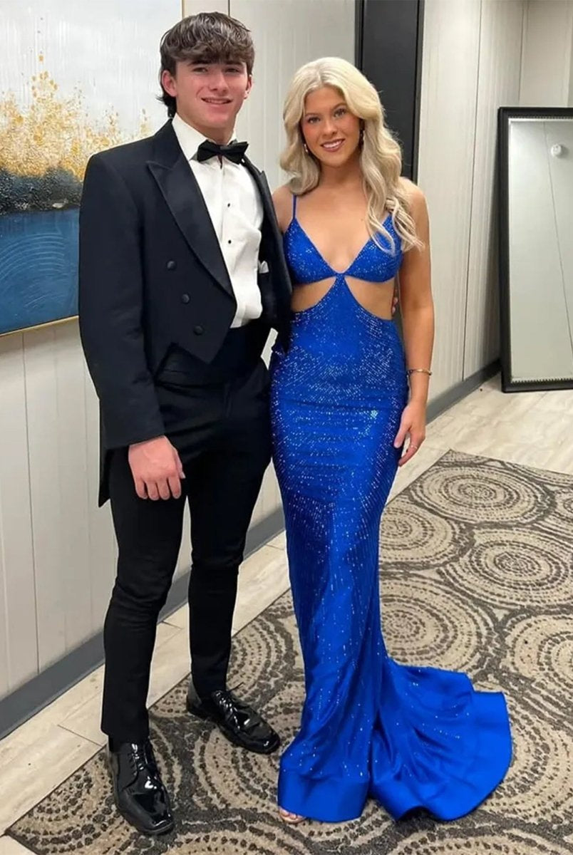 Palmyra | Mermaid V Neck Blue Satin Cut - out Waist Prom Dresses - KissProm