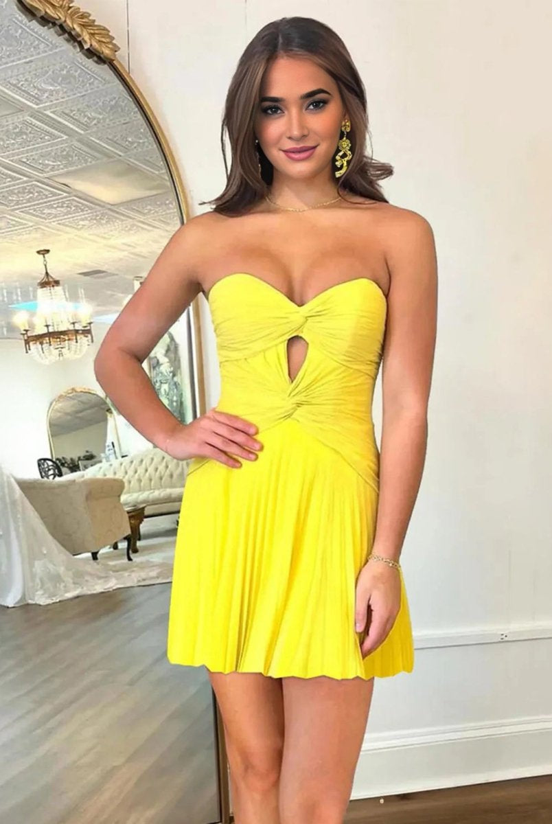 Paolaine | Yellow - A-Line Sweetheart Cutout Pleated Chiffon Homecoming Dresses