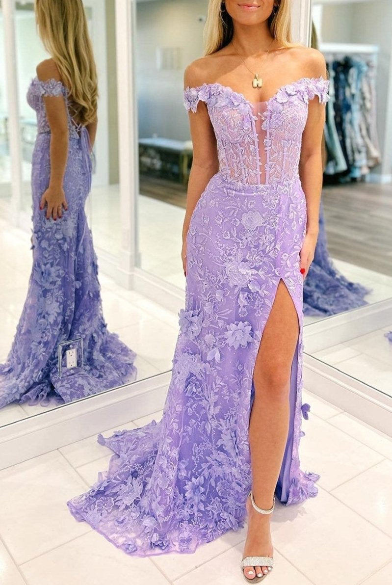 Paradis | Off The Shoulder Floral Lace Long Prom Dress With Split