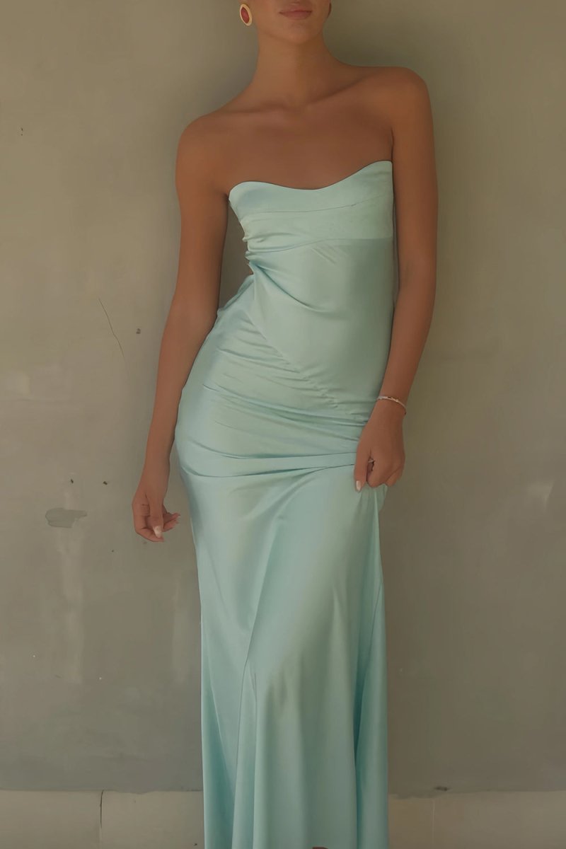Parisia | Aqua - Strapless Sheath Satin Open Back Long Prom Dresses - KissProm