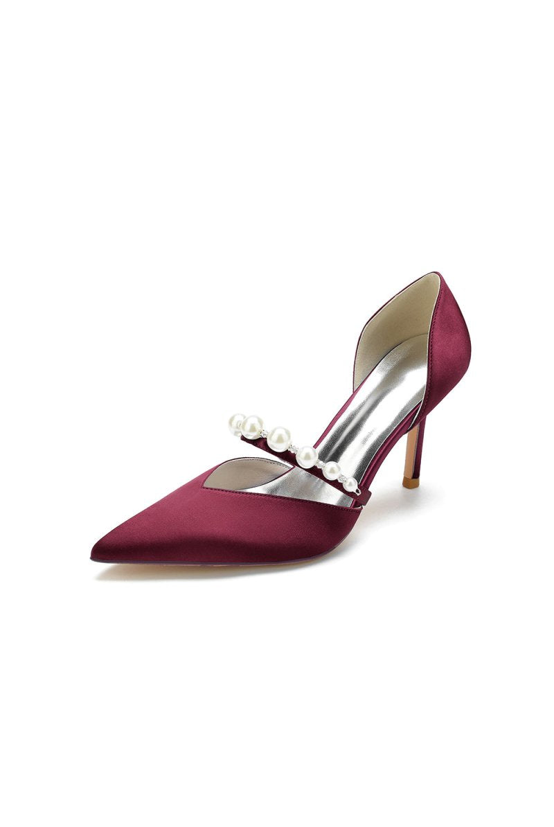 Party Pearl Strap Pointed Toe Satin High Heels - KissProm
