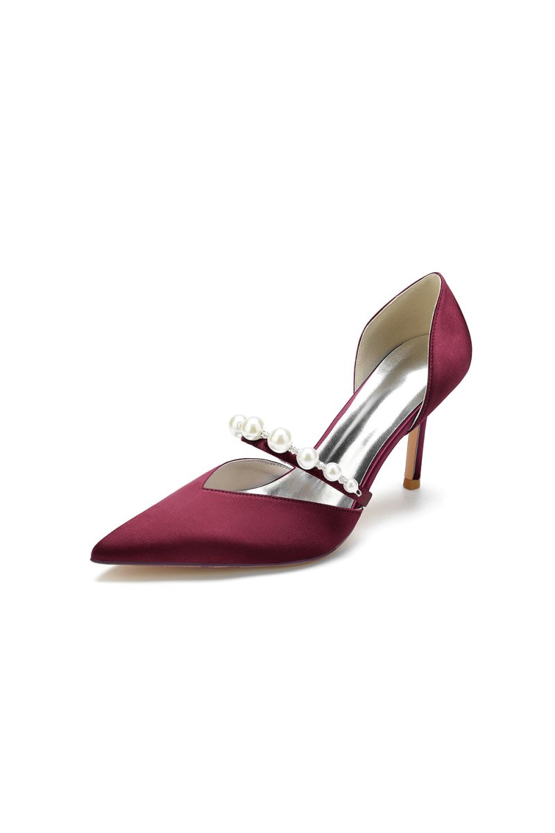 Party Pearl Strap Pointed Toe Satin High Heels - KissProm