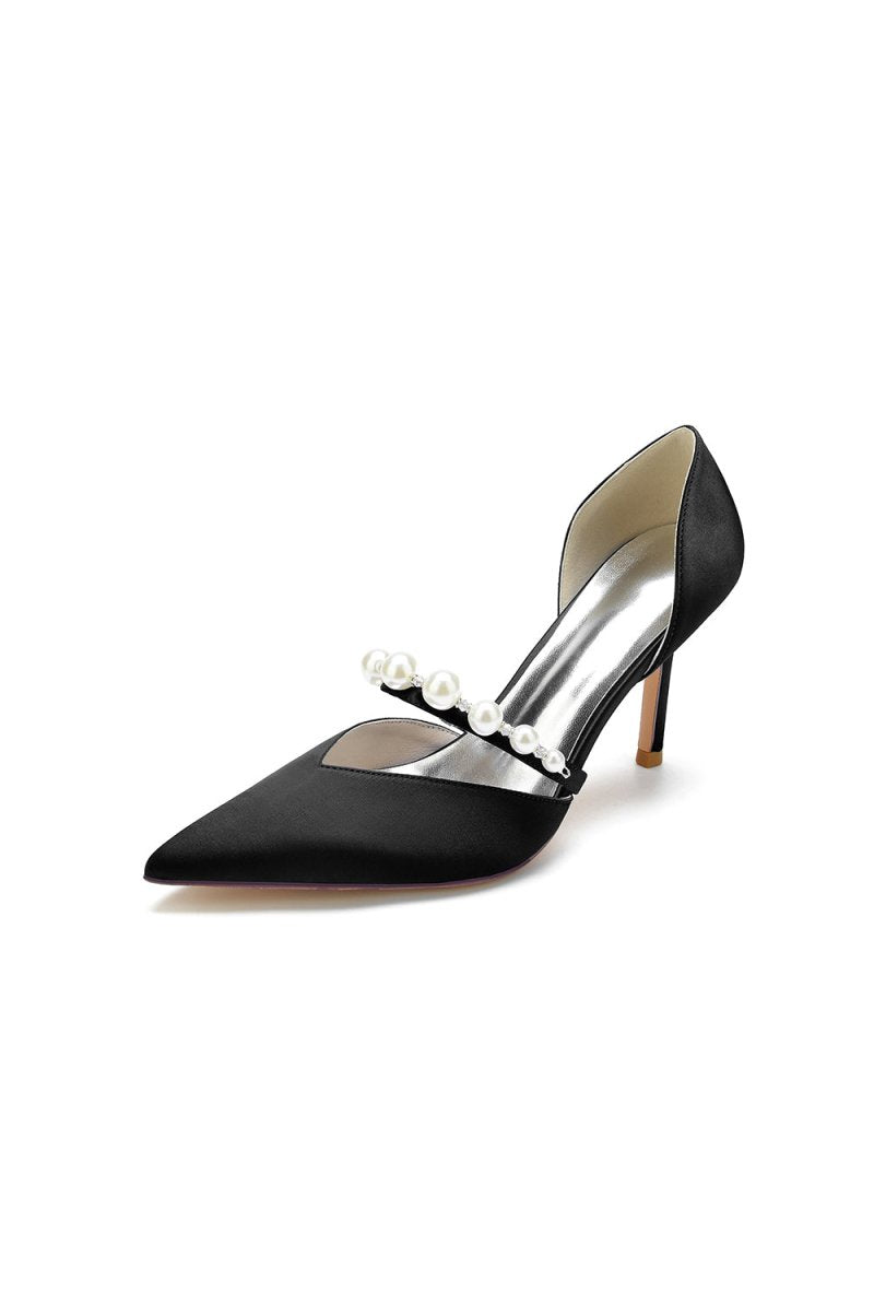 Party Pearl Strap Pointed Toe Satin High Heels - KissProm
