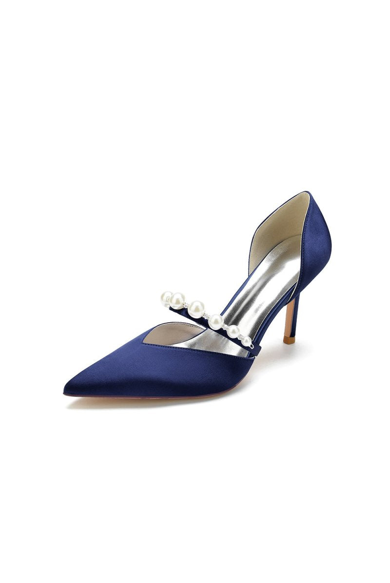 Party Pearl Strap Pointed Toe Satin High Heels - KissProm