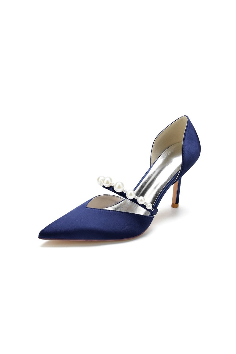 Party Pearl Strap Pointed Toe Satin High Heels - KissProm