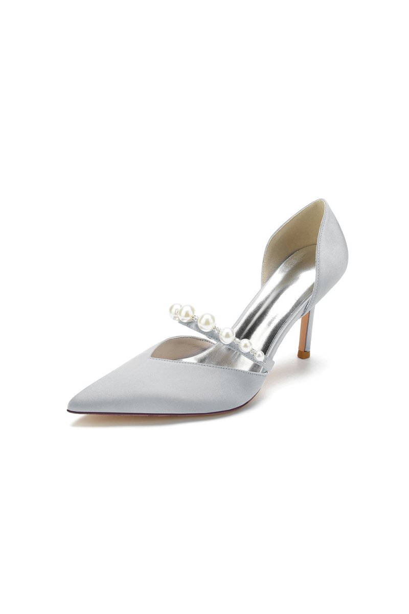 Party Pearl Strap Pointed Toe Satin High Heels - KissProm