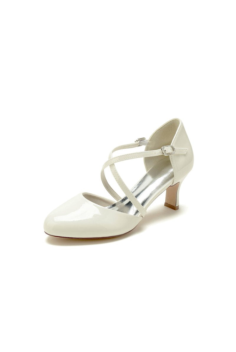 Patent Leather Wedding Chunky Heels with Straps - KissProm