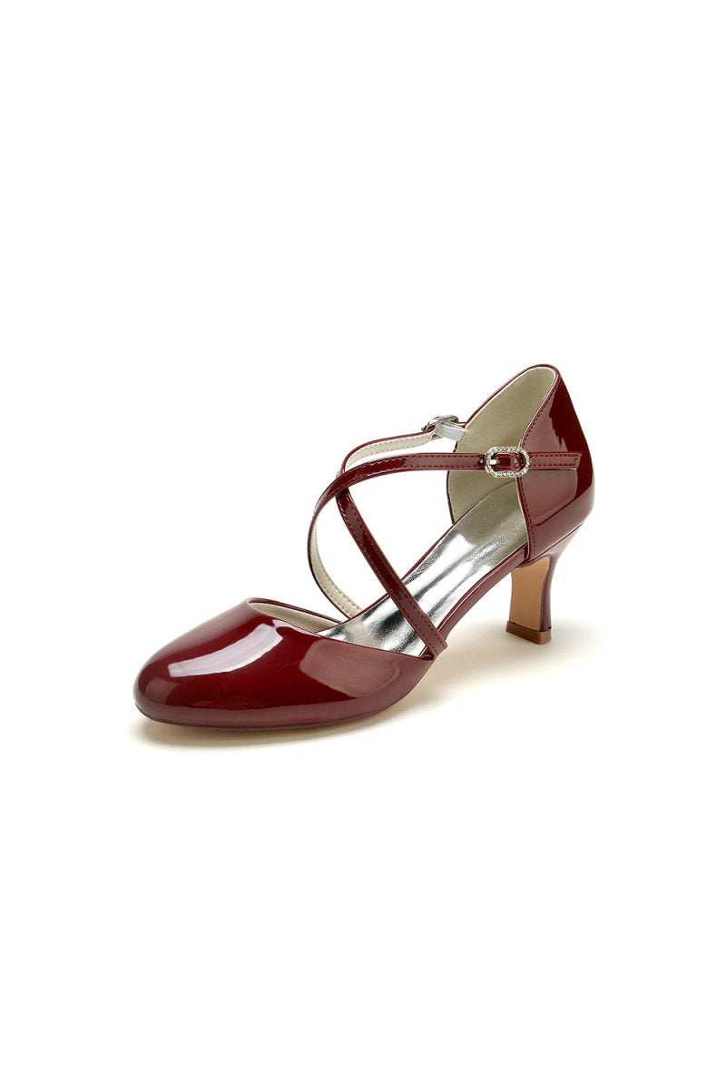 Patent Leather Wedding Chunky Heels with Straps - KissProm