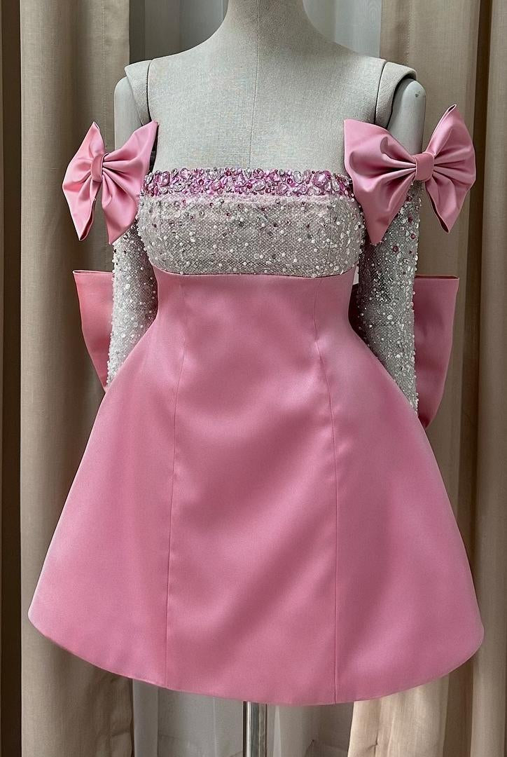 Pavonia | Pink - Strapless Satin Beaded A Line Homecoming Dress With Detachable Bow Sleeves