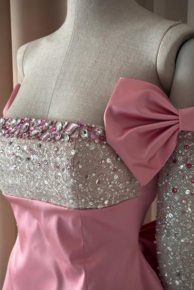 Pavonia | Pink - Strapless Satin Beaded A Line Homecoming Dress With Detachable Bow Sleeves