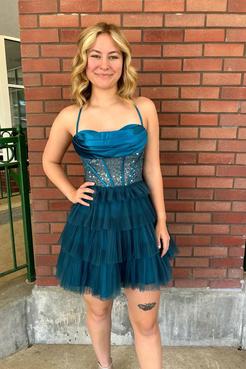 Peacock Blue Spaghetti Straps A-Line Tulle Tiered Corset Homecoming Dress Peacock Blue Spaghetti Straps A-Line Tulle Tiered Corset Homecoming Dress