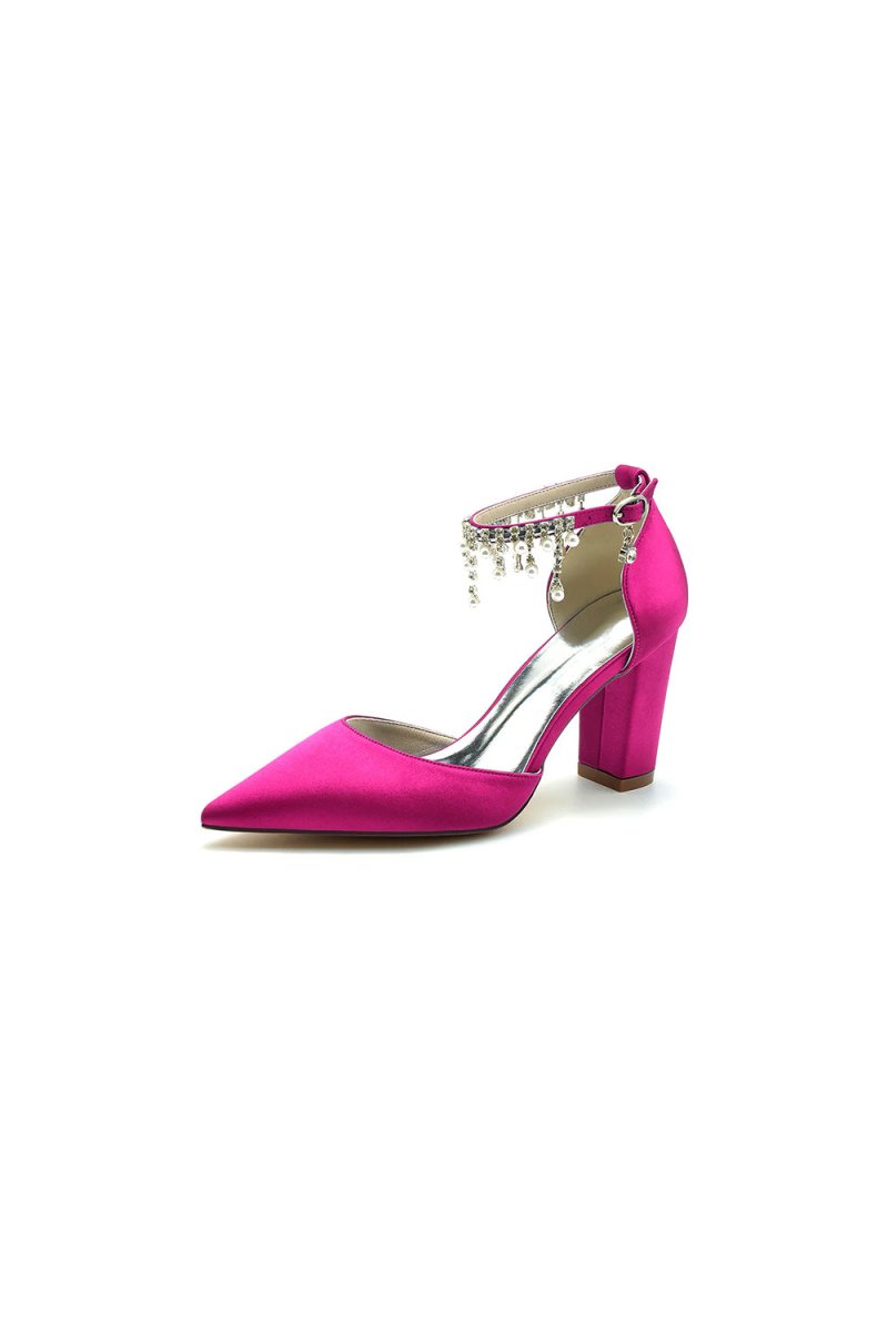 Pearl Beaded Pointed Toe Ankle Strap Chunky Heel - KissProm