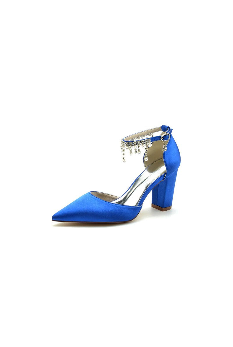 Pearl Beaded Pointed Toe Ankle Strap Chunky Heel - KissProm