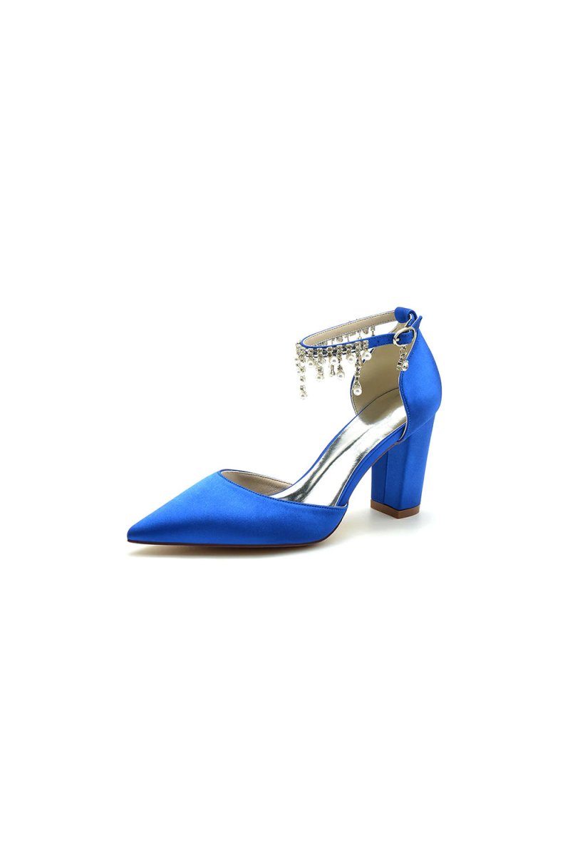 Pearl Beaded Pointed Toe Ankle Strap Chunky Heel - KissProm