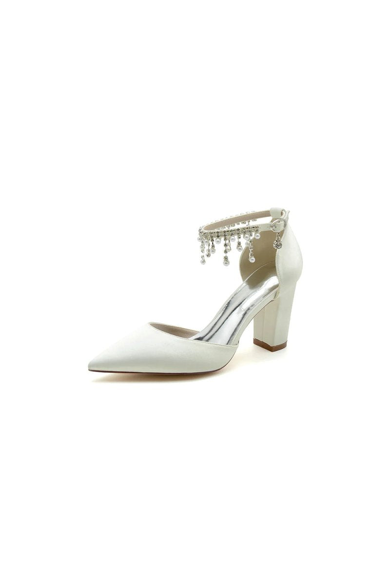 Pearl Beaded Pointed Toe Ankle Strap Chunky Heel - KissProm