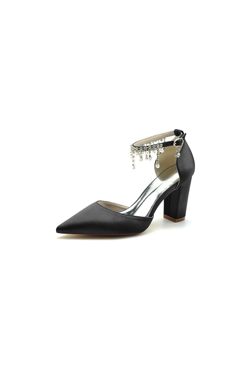 Pearl Beaded Pointed Toe Ankle Strap Chunky Heel - KissProm