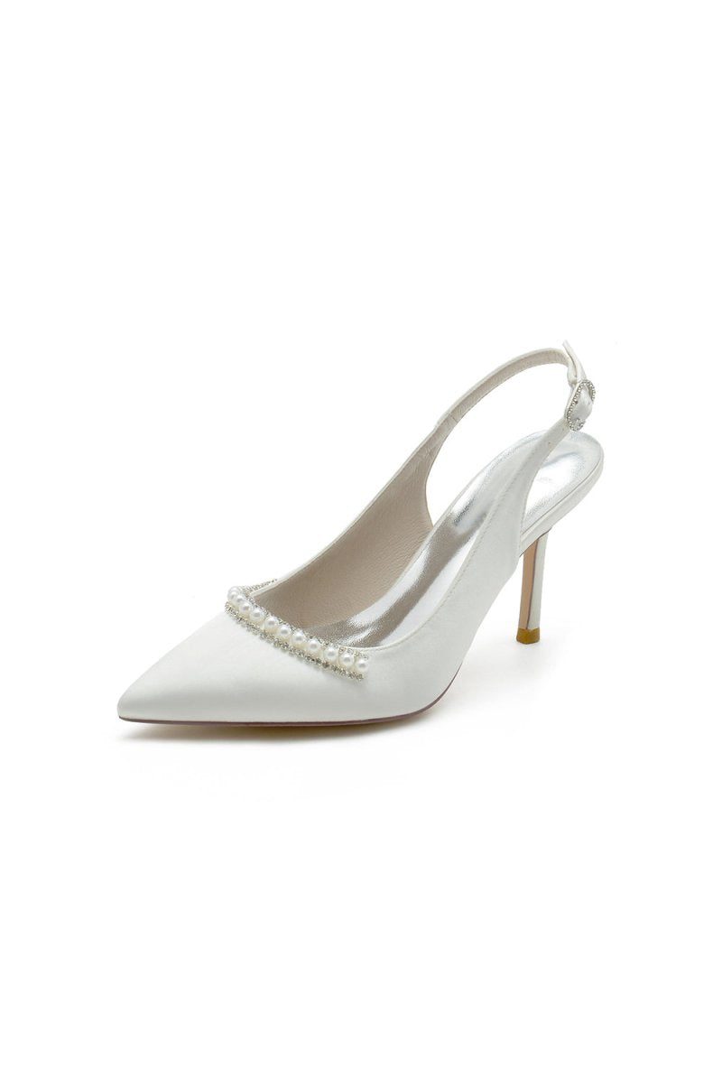 Pearl Embellished Peep Toe Slingback High Heels - KissProm