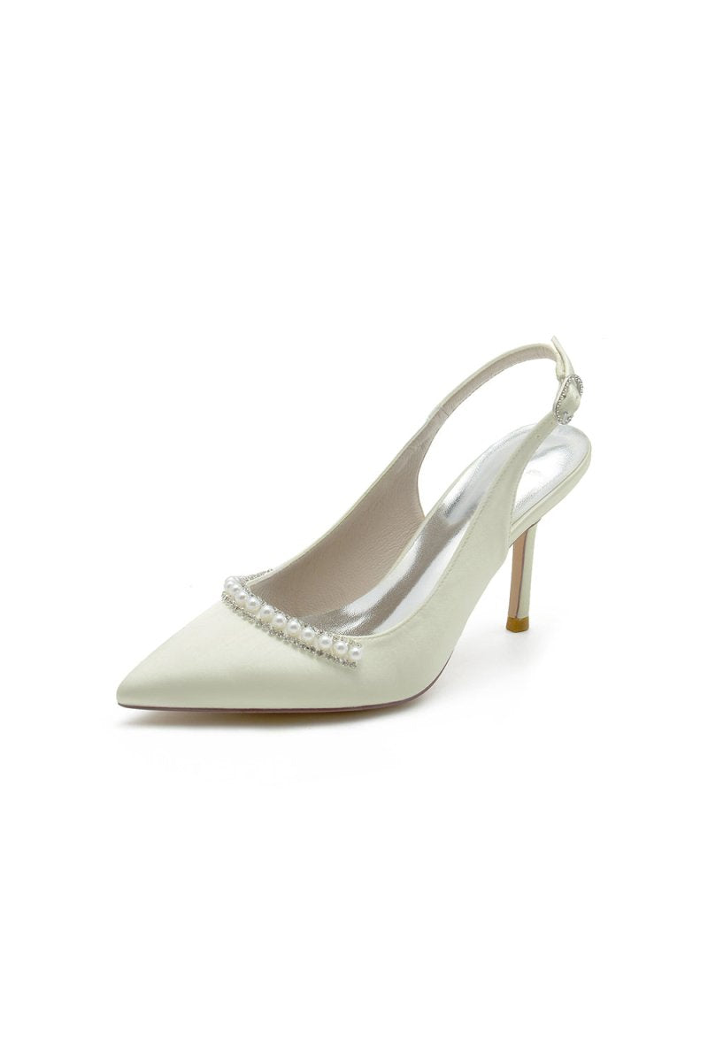 Pearl Embellished Peep Toe Slingback High Heels - KissProm