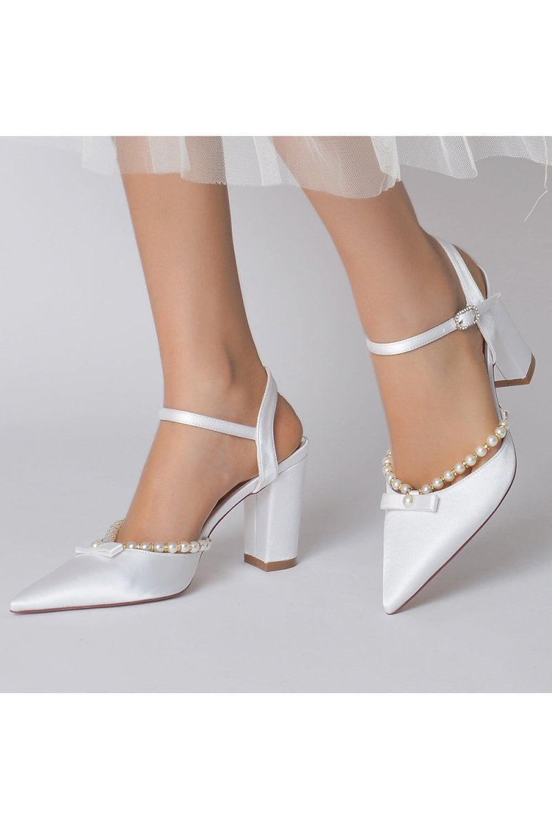 Pearl Pointed Toe Ankle Strap Chunky Heels With Bow - KissProm