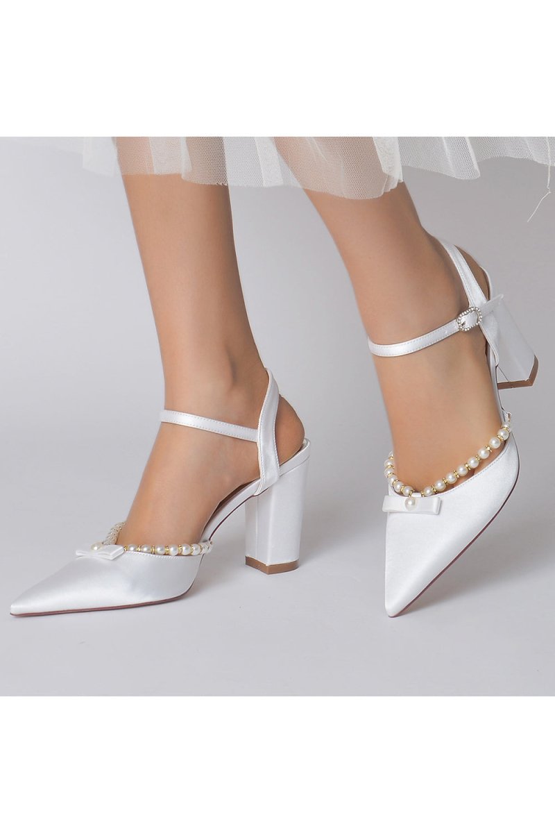 Pearl Pointed Toe Ankle Strap Chunky Heels With Bow - KissProm