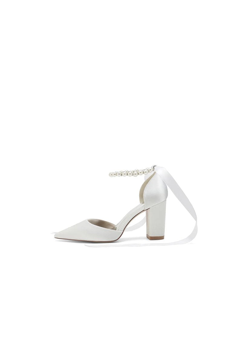 Pearl Ribbon Pointed Toe Ankle Strap Chunky Heel - KissProm