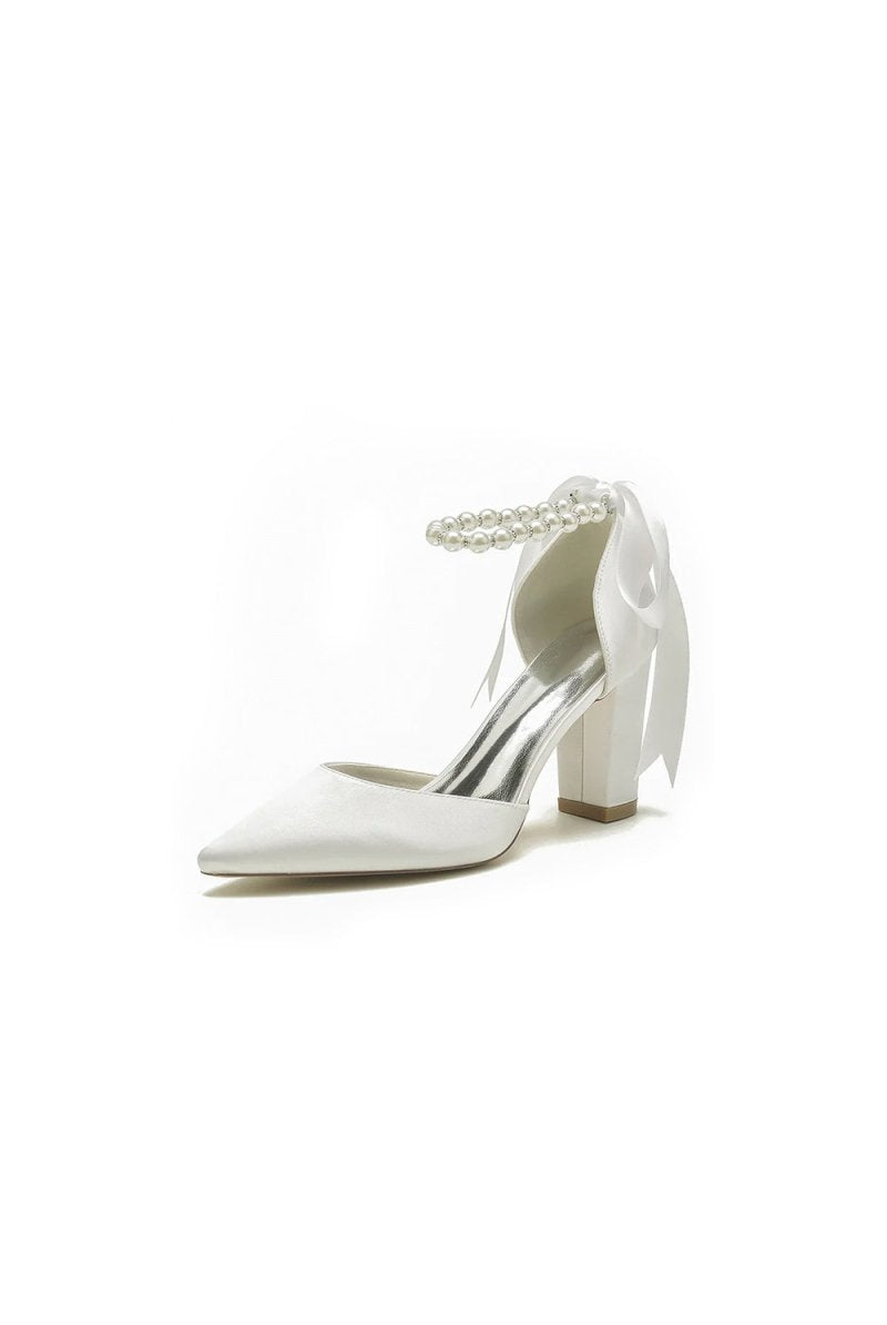 Pearl Ribbon Pointed Toe Ankle Strap Chunky Heel - KissProm