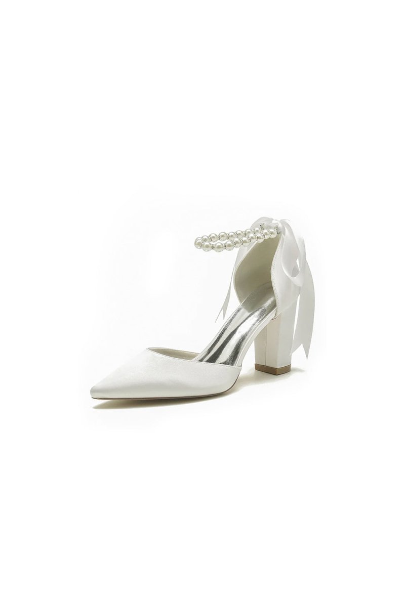 Pearl Ribbon Pointed Toe Ankle Strap Chunky Heel - KissProm