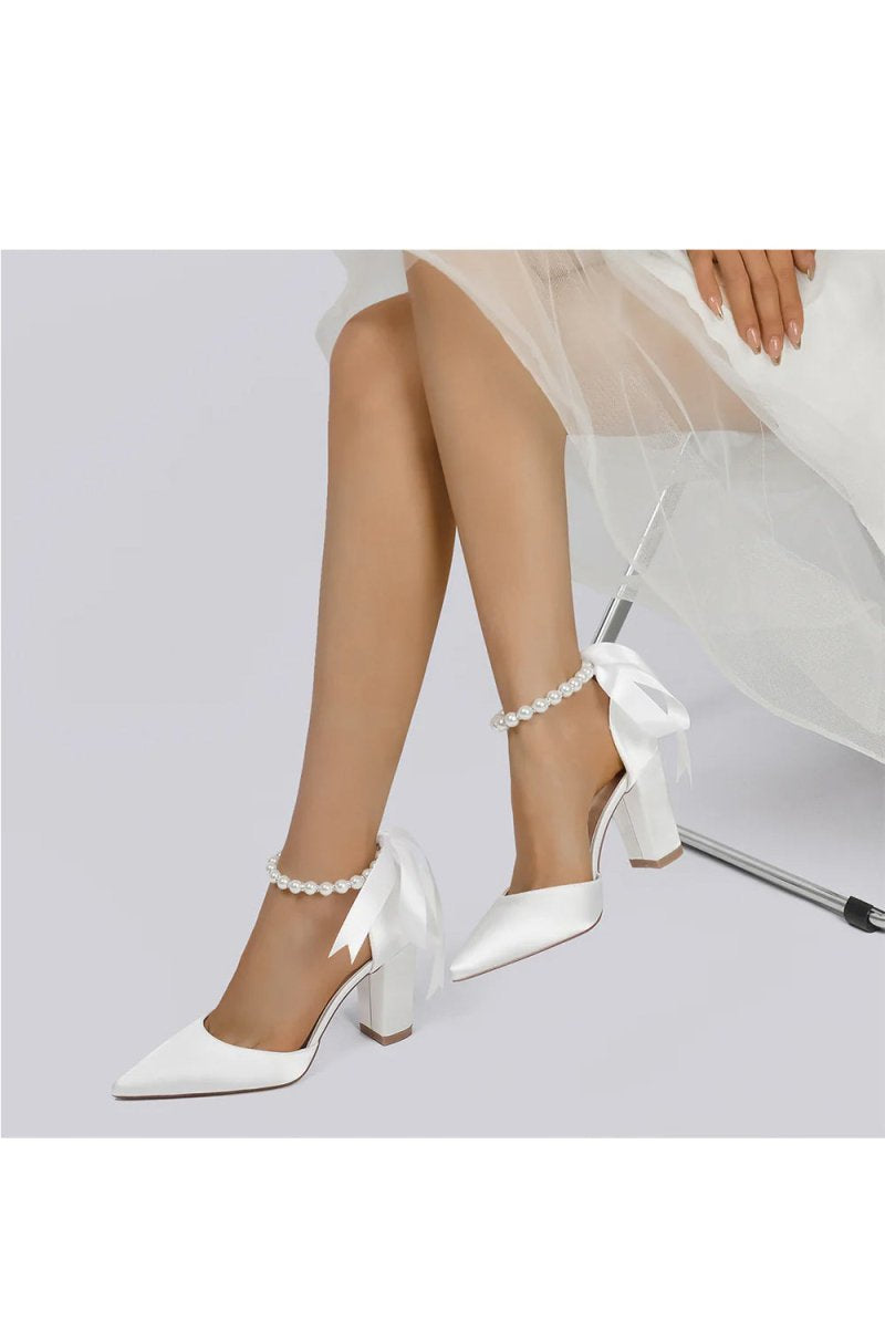 Pearl Ribbon Pointed Toe Ankle Strap Chunky Heel - KissProm
