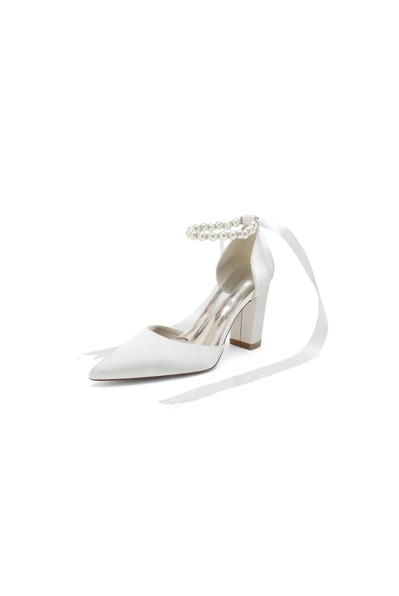 Pearl Ribbon Pointed Toe Ankle Strap Chunky Heel - KissProm