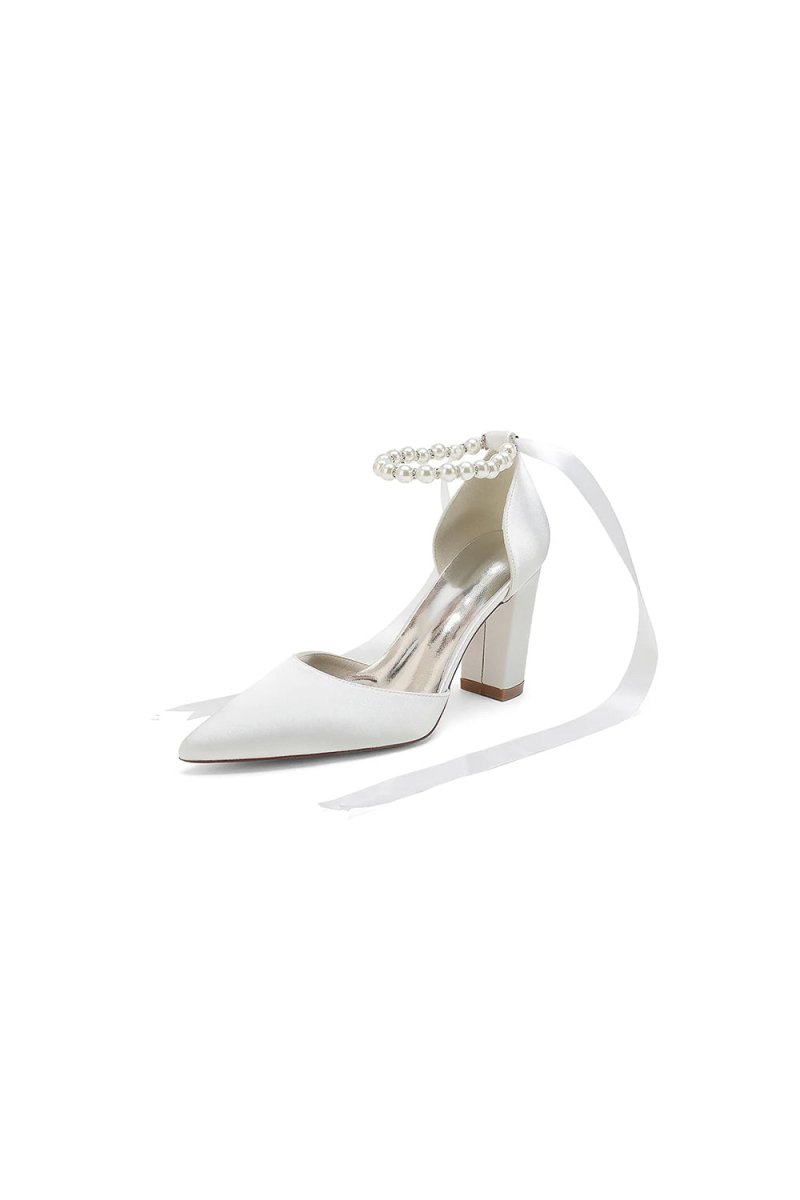 Pearl Ribbon Pointed Toe Ankle Strap Chunky Heel - KissProm