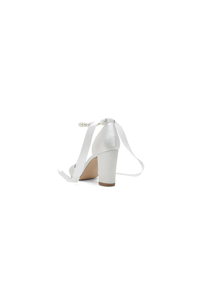 Pearl Ribbon Pointed Toe Ankle Strap Chunky Heel - KissProm