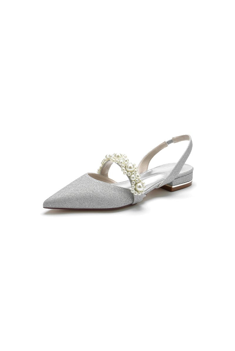Pearl Strap Slingback Sequin Pointed Toe Flats - KissProm