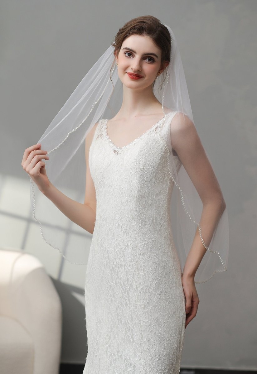 Vintage Pearls Ivory With Beaded Scalloped Bridal Veil Wedding Veil - KissProm